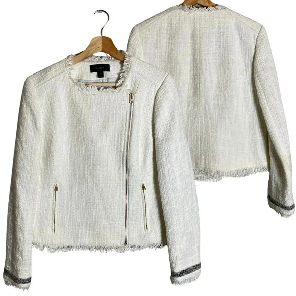 J.Crew Tweed Motorcycle Jacket with Fringe Women's 12 White Gold Career Preppy - Picture 3 of 16